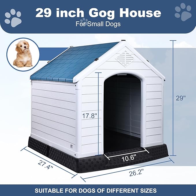 Plastic Dog House, Insulated Doghouse Puppy Shelter, Water Resistant Easy Assembly Sturdy Dog Kennel with Elevated Floor and Air Vents, Ventilate for Small to Large Sized Dogs (29-Inch)