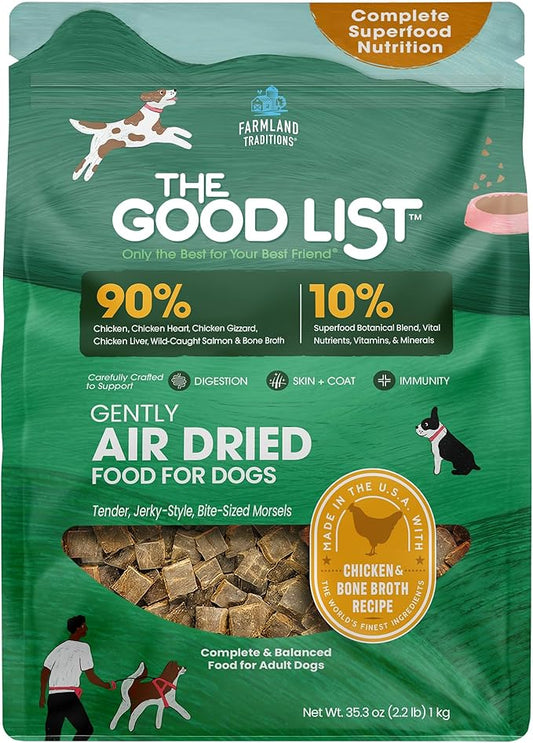 Farmland Traditions The Good List Air-Dried Dog Food, Premium Chicken & Bone Broth for Dogs, Protein Rich & Grain-Free Nutrition, 2.2 Pound Bag