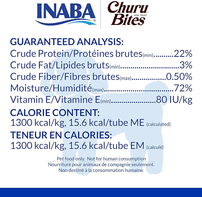 INABA Churu Bites for Dogs, Soft & Chewy Dog Treats, 0.42 Ounces Each Tube, 64 Tubes Total (8 Tubes per Pack), Chicken with Tuna Recipe