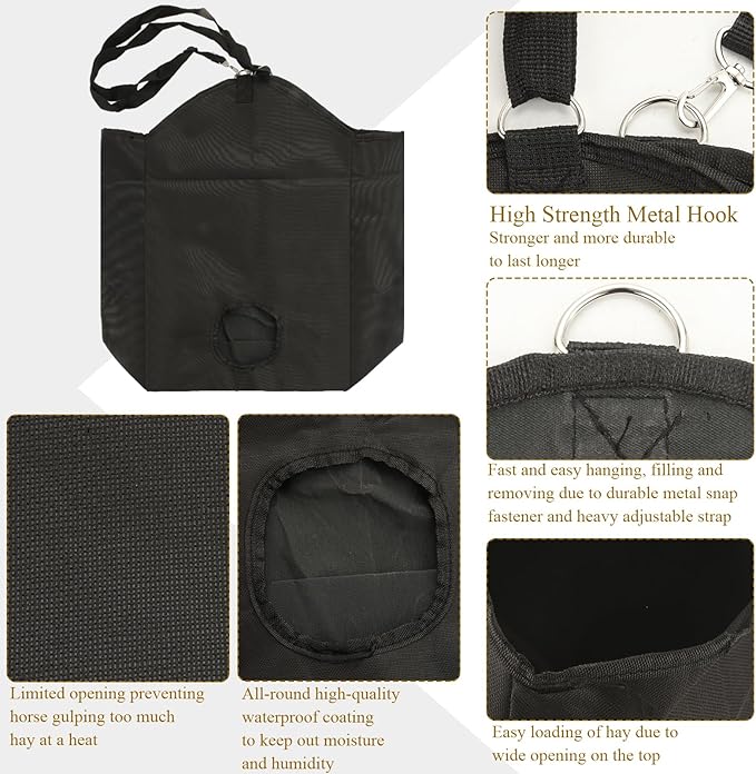 3 Pack Hay Bag for Horse - 18.11 x 7.08 x 13.78 Inch Open Feed Hole Hay Feeder for Slow Feeding - Premium 600D Oxford Cloth with Metal Ring and Adjustable Strap for Goat, Donkeys, Sheep