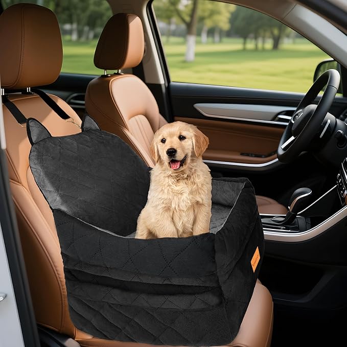Dog Car Seat for Small/Medium Dogs Up to 35lbs,Elevated Cushion Fits in Front/Back Seat,Travel Safety Per Car Bed with Washable Removable Cover, Storage 2 Pockets Black