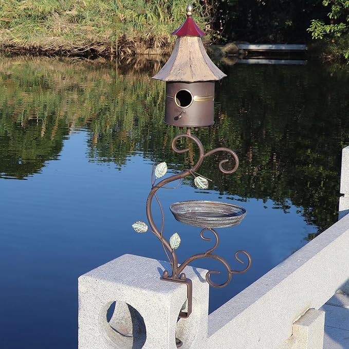 Deck Bird Bath, Metal Bird Bath and Bird Houses, Decorative Deck Mounted Bird Bath, Detachable and Adjustable Sturdy Deck Bird Bath for Outdoor Porch Yard Garden Decoration