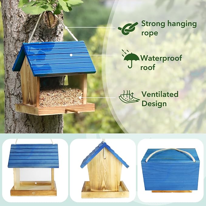 Cedar Wooden Bird Feeders for Outdoors Hanging– Large, Weatherproof Wild Bird House Feeder–Pre-Assembled, Hopper Design, Anti-Squirrel, Easy Fill for Cardinals, Bluebirds, Oriole & Finches