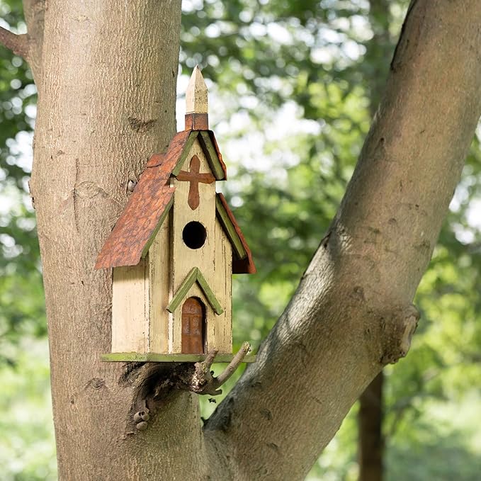 Glitzhome Wooden 14" H Hanging Distressed Church Birdhouse Decorative Garden Bird House