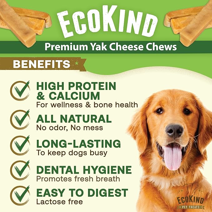 EcoKind Premium Gold Yak Cheese Himalayan Dog Chews, Dog Treats Large Breed, All Natural, High Protein Dog Chew, Cheese, Large - 1 Chew