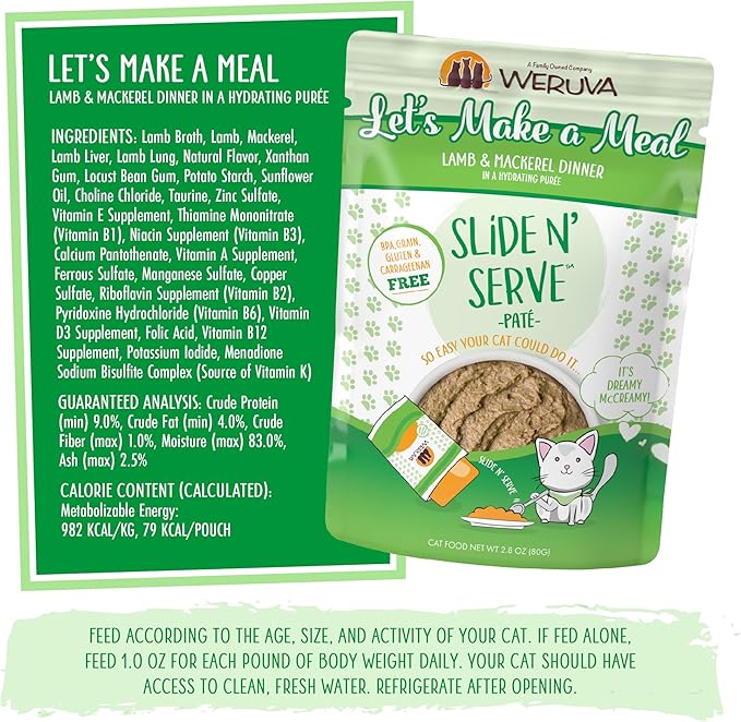 Weruva Wet Cat Food, Lets Make a Meal with Lamb and Mackerel Pate, 2.8oz Slide N Serve Pouch, Pack of 12
