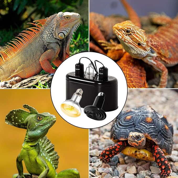 REPTI ZOO Dual Reptile Light Fixture, Reptile Heat Lamp Combo Pack Include 100W Full Spectrum UVA UVB Light Basking Spot Lamp Bulb & 100W Ceramic Heat Emitter Heating Bulb
