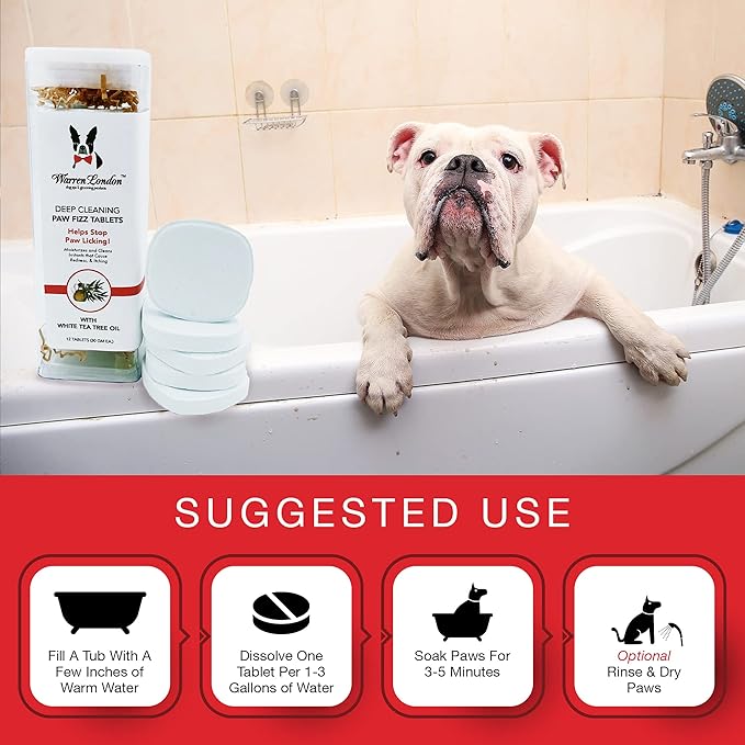 Warren London Deep Cleaning Paw Soak for Dogs – Soothes Itchy, Irritated Paws with Aloe Vera, Seaweed & Tea Tree Oil | Anti-Lick Paw Treatment | 5-Minute at-Home Spa for Dogs | 12 Fizzy Tablets