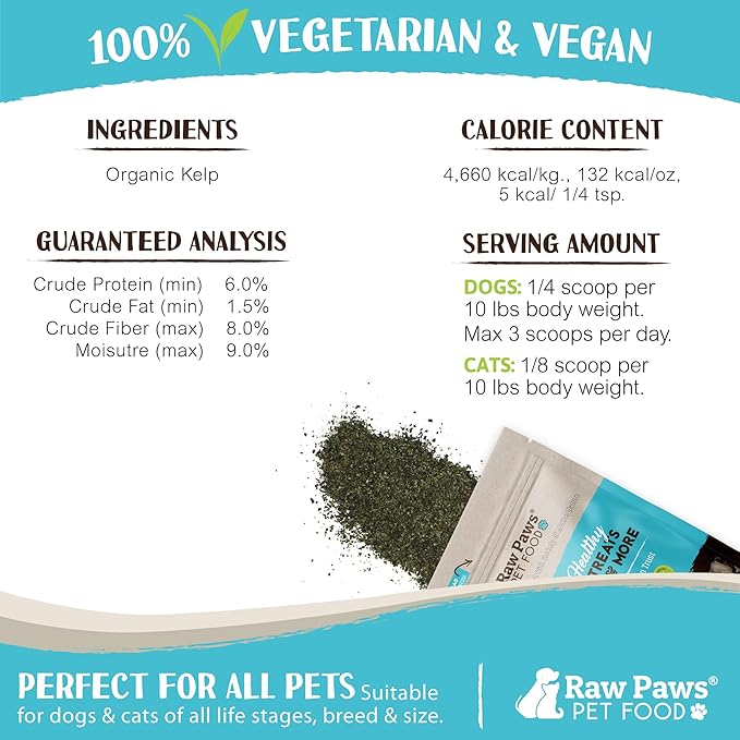 Raw Paws Organic Kelp Powder for Dogs & Cats (16-Ounce) - Supports Thyroid, Digestive & Immune Health - Dried Sea Kelp for Dogs - Seaweed Powder Supplement