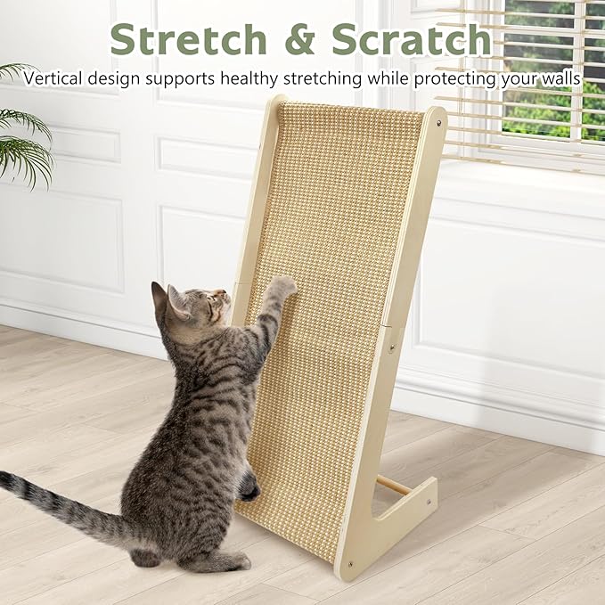 Fhiny Sisal Cat Scratcher Ramp with Replaceable Mat, 28" Large Vertical Cat Scratching Pad for Indoor Cats L Shape Sisal Cat Scratching Mat Scratch Board Climbing Wooden Frame Wall Furniture Protector