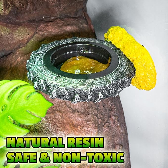 Magnetic Crested Gecko Feeding Ledge, Reptile Feeder Ledge with PVC Food Bowls, Tire-Shaped Reptile Water Dish for Crested Gecko Leopard Gecko Lizard Frog Bearded Dragon