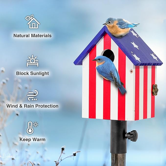 Flag Style Large Bird House for Outside with Metal Tube, Thicken Wooden Hanging Birdhouse with Clear View Panel Clear View Panel Predator Guard Nesting Box for Swallow Wren Chickadee Finch Bluebird