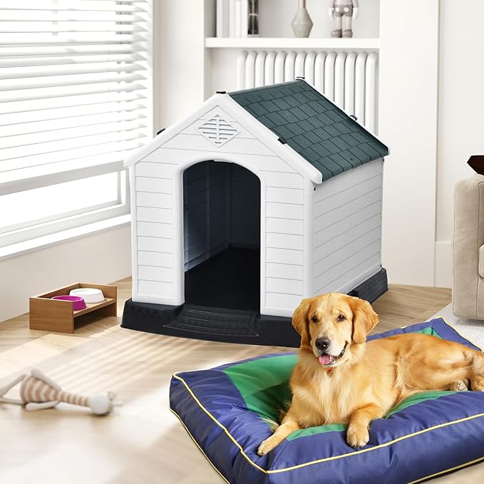 DWVO Large Plastic Dog House, Weatherproof Outdoor/Indoor Doghouse, Puppy Kennel with Air Vents and Elevated Floor, 41.3''L*38''W*38.8''H, Gray