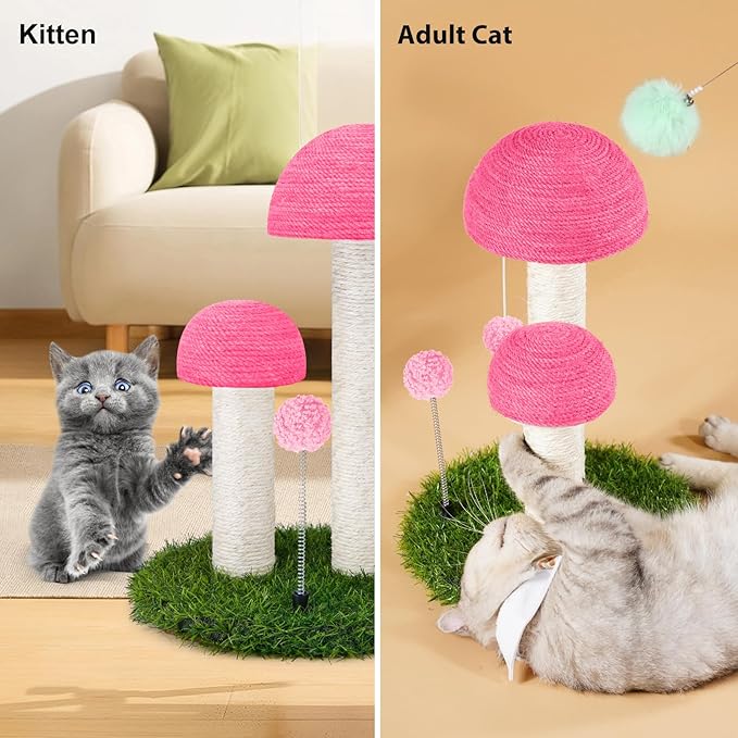 Odoland Cat Scratching Post Mushroom Natural Sisal Board Scratcher for Kitten Health and Good Behavior, Furniture Scratch Deterrent Accessories for Cats and Kitten Pink
