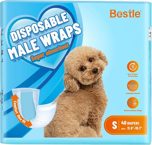 Male Dog Wrap, Disposable Dog Diapers, 40 Count, S (Waist 16.5”-19.7”), Wetness Indicator, Ultra Protection, Leak Proof, Super Absorbent, Soft