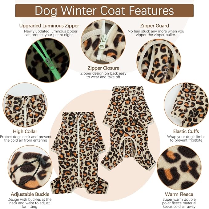 ROZKITCH Dog Winter Coat Soft Fleece Pullover Pajamas, Pet Windproof Warm Cold Weather Jacket Vest with Luminous Zipper, Jumpsuit Apparel Outfit Clothes for Small Medium Large Dog Brown L
