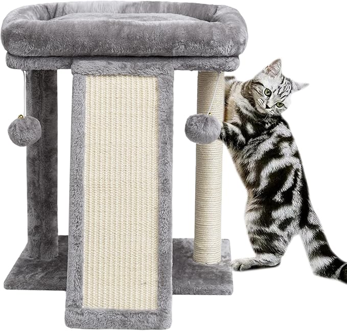 SYANDLVY Small Cat Tree with Scratching Post, Cat Scratching Board for Adults, Cat Post Scratcher for Indoor Cats, 2 Dangling Balls Great for Kittens (Light Grey)