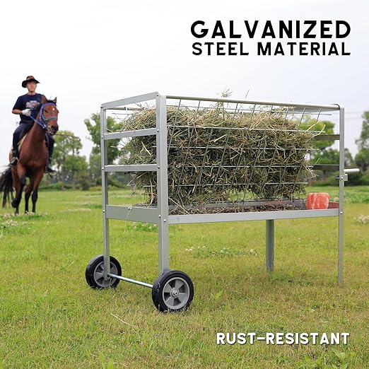 Solution4Patio Hay Feeder with Wheels, 2-in-1 Galvanized Steel Heavy-Duty Goat Feeder Cart, Large Capacity Rust-Proof Livestock Feeder for Sheep, Horses, Ponies, Easy to Clean