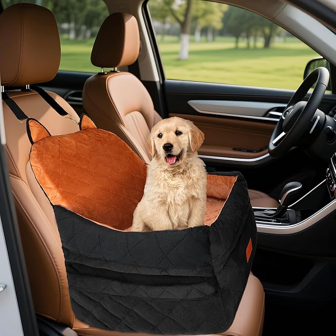 Dog Car Seat for Small/Medium Dogs Up to 35lbs,Elevated Cushion Fits in Front/Back Seat,Travel Safety Per Car Bed with Washable Removable Cover, Storage 2 Pockets Black-Orange