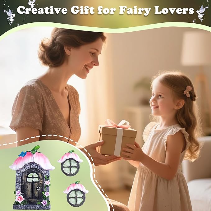 Attivolife Fairy Door and Windows for Outdoor - Glow in The Dark Treehouse Garden Lawn Decor Magical Yard Art Resin Sculpture Fairies House Kit Gift for Kids Girl Women Plant Lovers