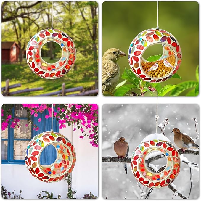Bird Feeder Mosaic Fly Through Bird Feeder for Outside Hanging with Round Shape Glass Feeders to Attract Wild Birds for Garden, Deck, Yard, Backyard and Porch Decor, 7-Inch