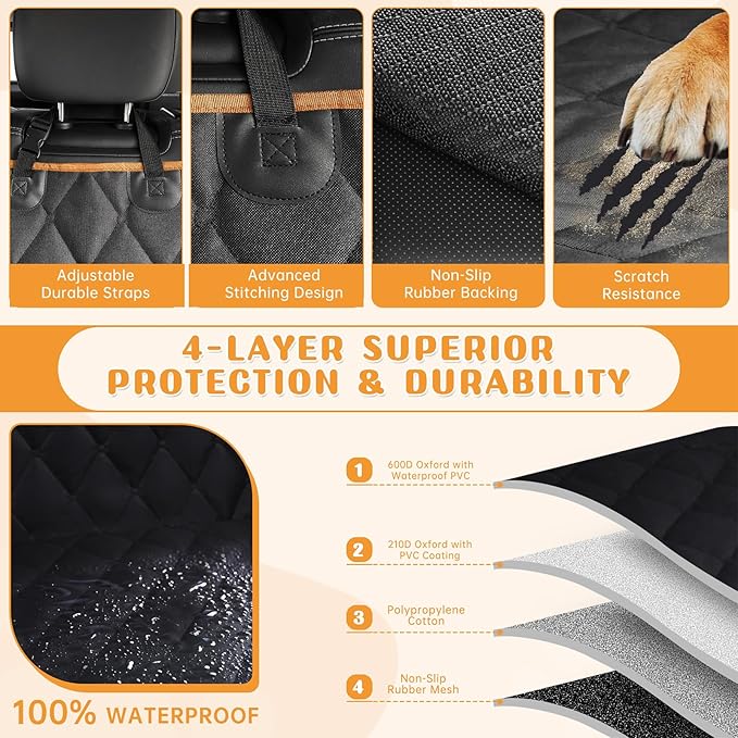 Dog Car Seat Cover for Back Seat 100% Waterproof, Long-Lasting and Soft Nonslip Backseat Dog Cover for Cars, SUVs and Trucks (Black-Orange, Standard (54" W x 59" L))