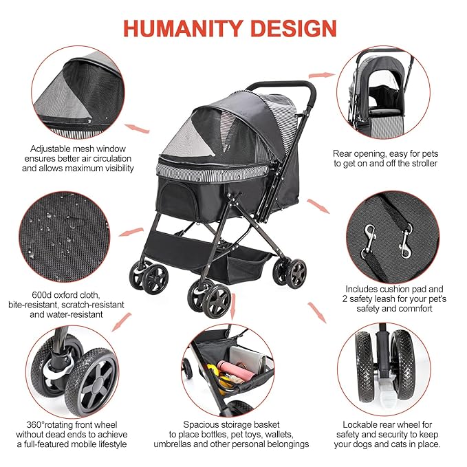 Dog Stroller for Large Medium Dogs & Cats with Reversible Handle, Foldable Pet Stroller Travel Carriage with Large Storage Basket, Black