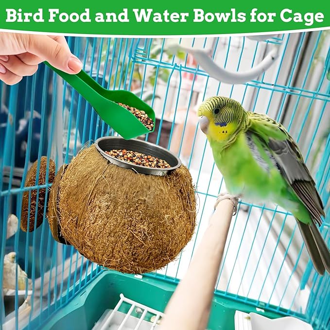 Coconut Bird Bowls for Cage 2-in-1 Coconut Shell Birds Feeder Set of 2 Hanging Parrot Cage Feeders Natural Parakeet Food and Water Dishes for Lovebirds Finches Budgies Cockatiels