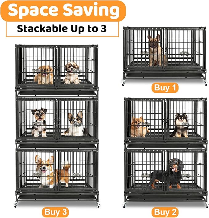 Homey Pet 43 Inch Heavy Duty Dog Crate Cage Kennel for Medium Dogs with Three Door, Divider, Removable Grid & Tray, 4 x Lockable Wheels, 2 x Bowls, Stackable Drop Cages for Breeders, Groomers