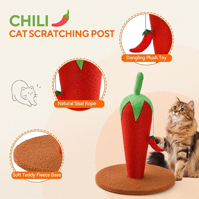 Chili Cat Scratching Post, 17'' Cute and Fun Sisal Cat Scratcher for Indoor Cats and Kittens