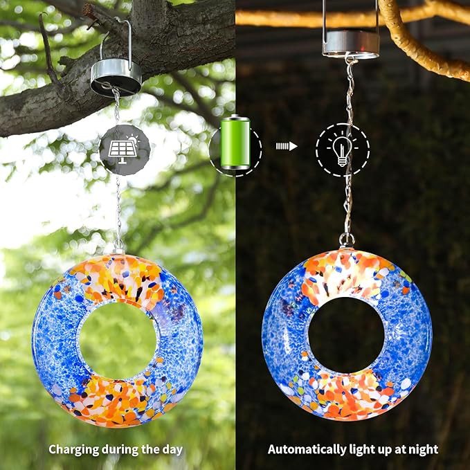 VCUTEKA Bird Feeder Solar Fly Through Bird Feeders for Outside Hanging with Round Shape Glass Container to Attract Wild Birds for Garden Decor, Solar Birdfeeder as Gift for Lovers, Multi 8-Inch