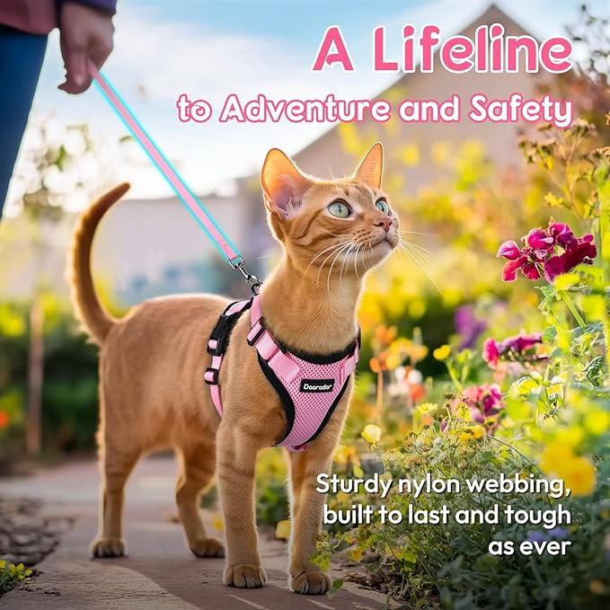 Dooradar Cat Harness and Leash Set, Escape Proof Safe Adjustable Kitten Vest Harnesses for Walking, Easy Control Soft Breathable Mesh Jacket with Reflective Strips for Cats, Pink, S
