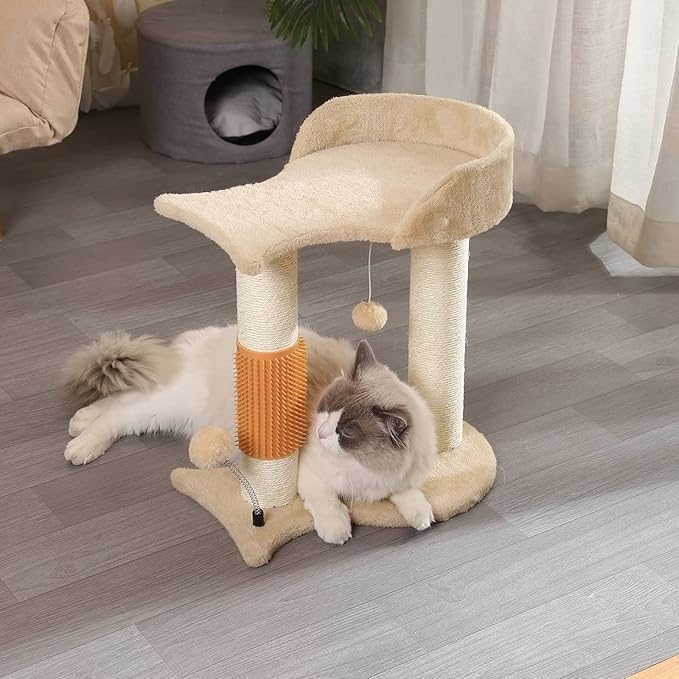 5-in-1 Cat Tree Tower Multifunction Cat Scratching Post Featuring with Fish-Shaped Rest Platform Cat Self Groomer Danging Ball Spring Ball, Ideal for Indoor Cats or Kittens - Cream