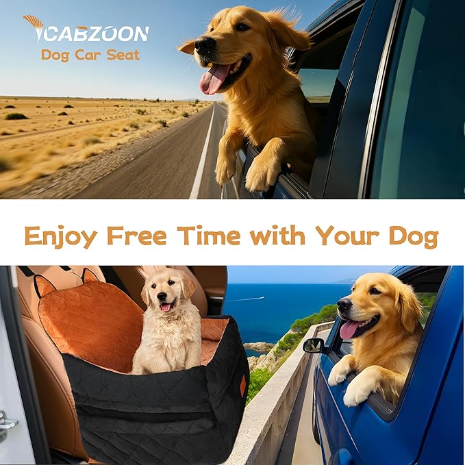 Dog Car Seat for Small/Medium Dogs Up to 35lbs,Elevated Cushion Fits in Front/Back Seat,Travel Safety Per Car Bed with Washable Removable Cover, Storage 2 Pockets Black-Orange