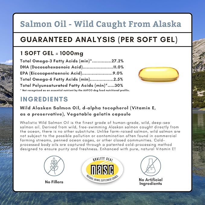 Wholistic Pet Organics Wild Alaskan Salmon Oil for Dogs - 100 Soft Gels - Rich Omega 3 Fish Oil with EPA & DHA for Skin, Coat, Joint, and Heart Health - Natural Dog Skin & Coat Care