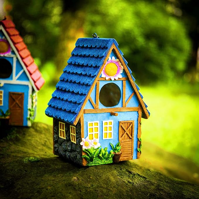 Garden Bird House for Outside Clearance Hanging Outdoors Country Cute Birdhouses for Wren Finchs Chickadee Hummingbird Tree Swallow Cage Kids Nature Lover Bluebird House(Blue)
