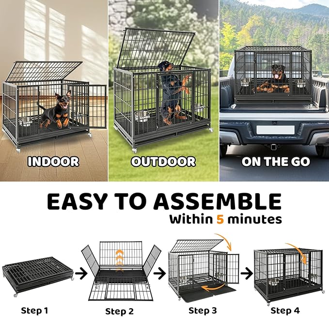 Homey Pet 48/43/37 Inch Heavy Duty Indestructible Dog Crate, Stackable Escape Proof Dog Cage Kennel Indoor with Two Trays, Metal Grids, Wheels, Bowls, Double Doors for High Anxiety Large Dogs