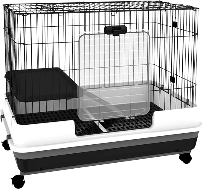 PawHut 2-Level Small Animal Cage Rabbit Hutch with Wheels, Removable Tray, Platform and Ramp for Bunny, Chinchillas, Ferret, Black