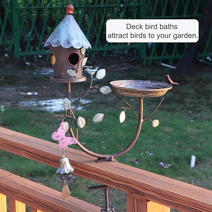 Deck Bird Bath, Metal Bird Bath and Bird Houses, Decorative Deck Mounted Bird Baths, Detachable and Adjustable Sturdy Deck Bird Bath for Outdoor Porch Yard Garden Decoration