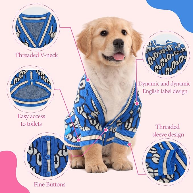 Dynamic Letter Patterned Button Cardigan Dog Sweaters,Boys' Dog Sweater,Girls' Dogs Sweaters,Knitted Pet Clothes,Pet Clothing,Fit for Kinds of Dogs and Different Seasons (Blue M)