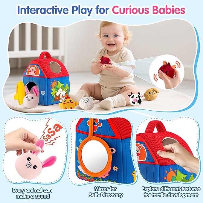 Baby Toys 6-12 Months, Barn with Stuffed Farm Animals, Montessori Toy for Babies, Sensory Toys for Toddlers 1-3, Portable Baby Farmhouse Toy, Birthday Gift for Infants & Toddlers