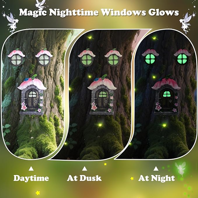 Attivolife Fairy Door and Windows for Outdoor - Glow in The Dark Treehouse Garden Lawn Decor Magical Yard Art Resin Sculpture Fairies House Kit Gift for Kids Girl Women Plant Lovers