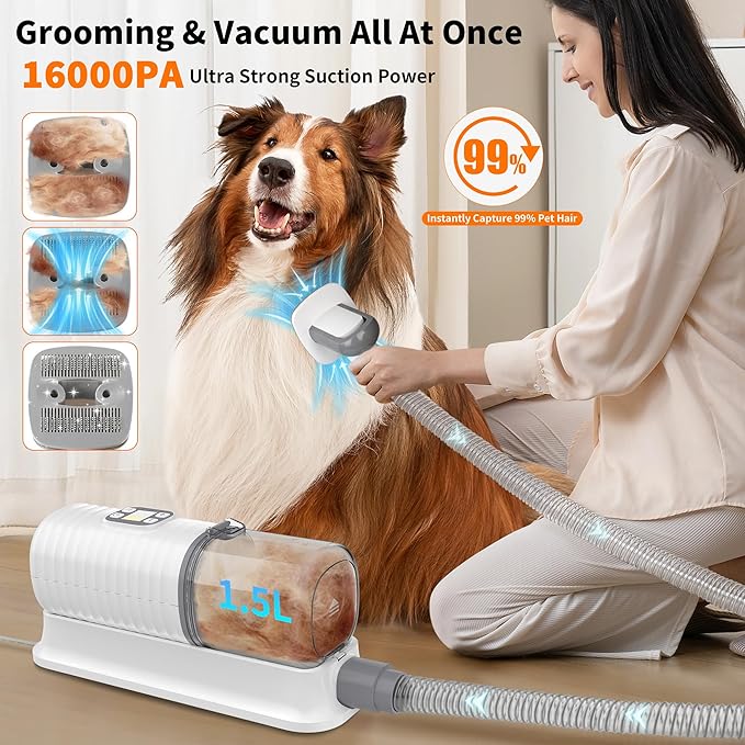 Dog Grooming Vacuum & Hair Dryer Dog Blower for Shedding Grooming, 6 in 1 Pet Grooming Vacuum for Dogs Cats at Home with Pet Clippers and 4 Combs, 9 Adjustable Speed and Temperature Control