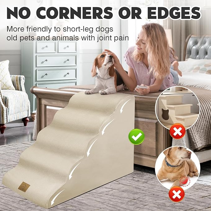 Mestuel 23in High Dogs Stairs, Foam Large Dogs Stairs for High Bed, Dog Stairs for Large Dogs, 5 Steps Dog Ramp to High Couch Sofa Bed Indoor with Gentle Slope& Nonslip Bottom, Lint Roller Set, Beige