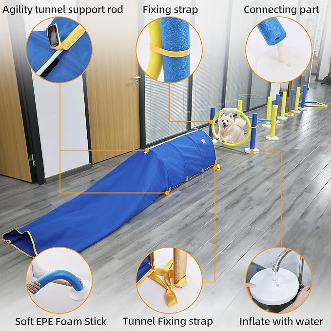 Pet Agility Training Equipment Set with Stable Tunnel,Dog Interactive Obstacle Jump Ring Kit for Indoor