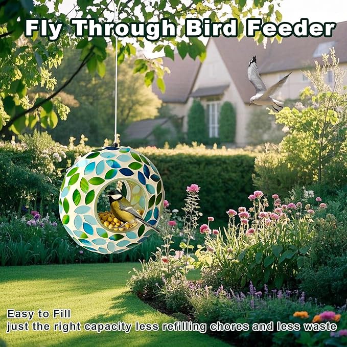Mosaic Bird Feeder, Outside Hanging with Round Shape Glass BirdFeeders to Attract More Wild Birds, Mosaic Fly Through for Garden, Yard, Backyard, Deck and Porch Decor, Green 7-Inch