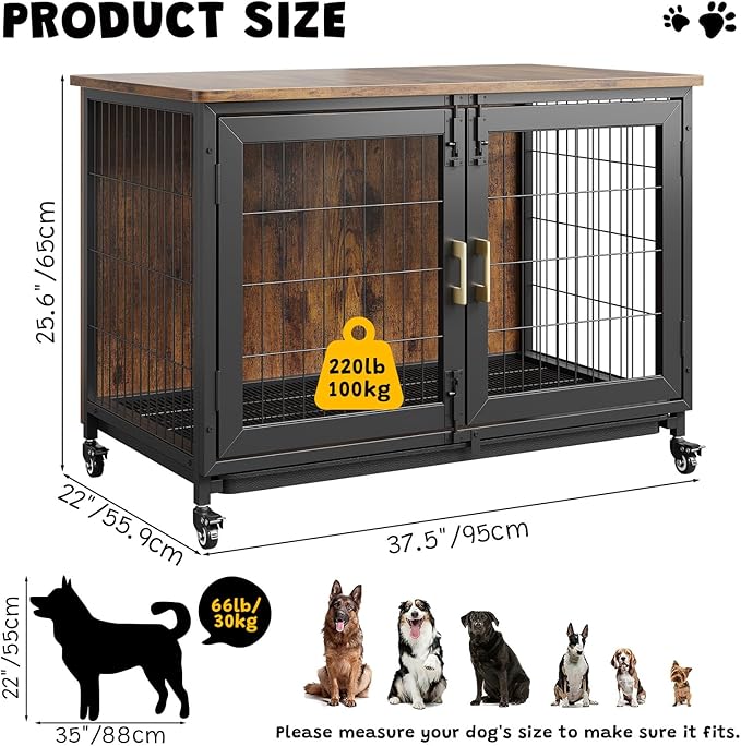 37.4" L Wooden Dog Crate Furniture for Small-Medium-Large Dogs, Escape-Proof Decorative Dog Crates for Anxious Dogs, Rustic Kennel with Lockable Wheels & Pull-Out Tray, Dog Kennel Indoor