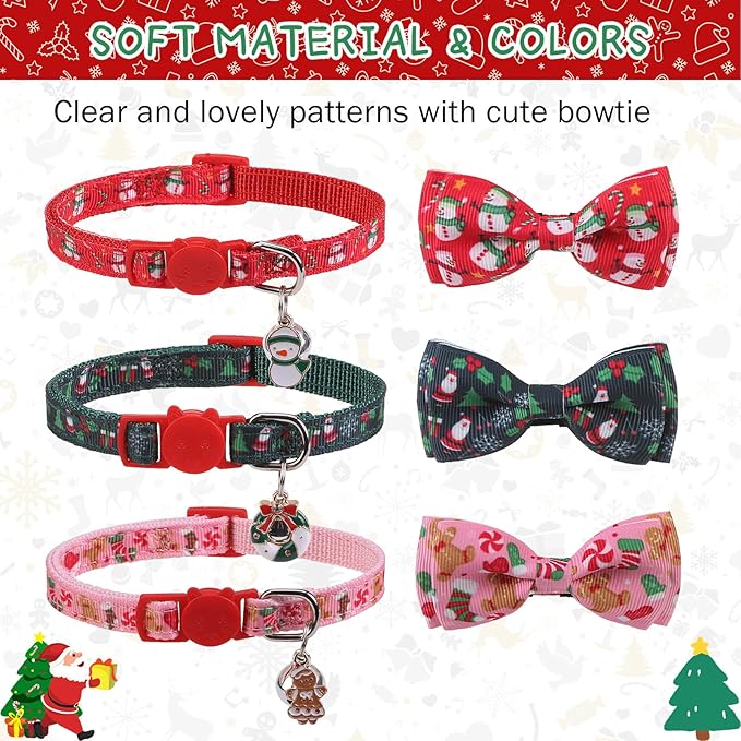 SCENEREAL Christmas Cat Collar Breakaway with Bell and Bowtie, 3 Pack Adjustable Cute Kitten Collars with Snowman, Gingerbread Man, Xmas Tree Pattern,Pet Collars for Girl Boy