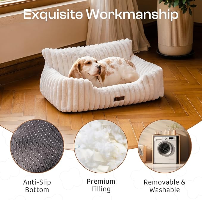 MEWOOFUN Dog Couch Bed, Fluffy Small Dog Bed with Removable Washable Cover, Supportive Cat Couch for Cats & Dogs up to 25 lbs (Beige, 30x21x12)