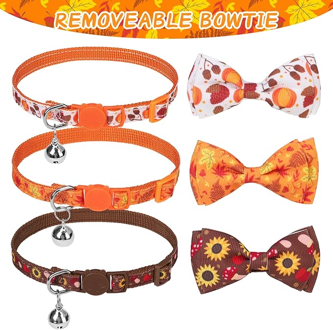 SCENEREAL Fall Cat Collar Breakaway, 3 Pack Kitten Collars with Bell, Bowtie and Safety Buckle - Adjustable Cute Holiday Thanksgiviing Cat Collars with Turkey and Pumpkin Pattern for Girl Boy